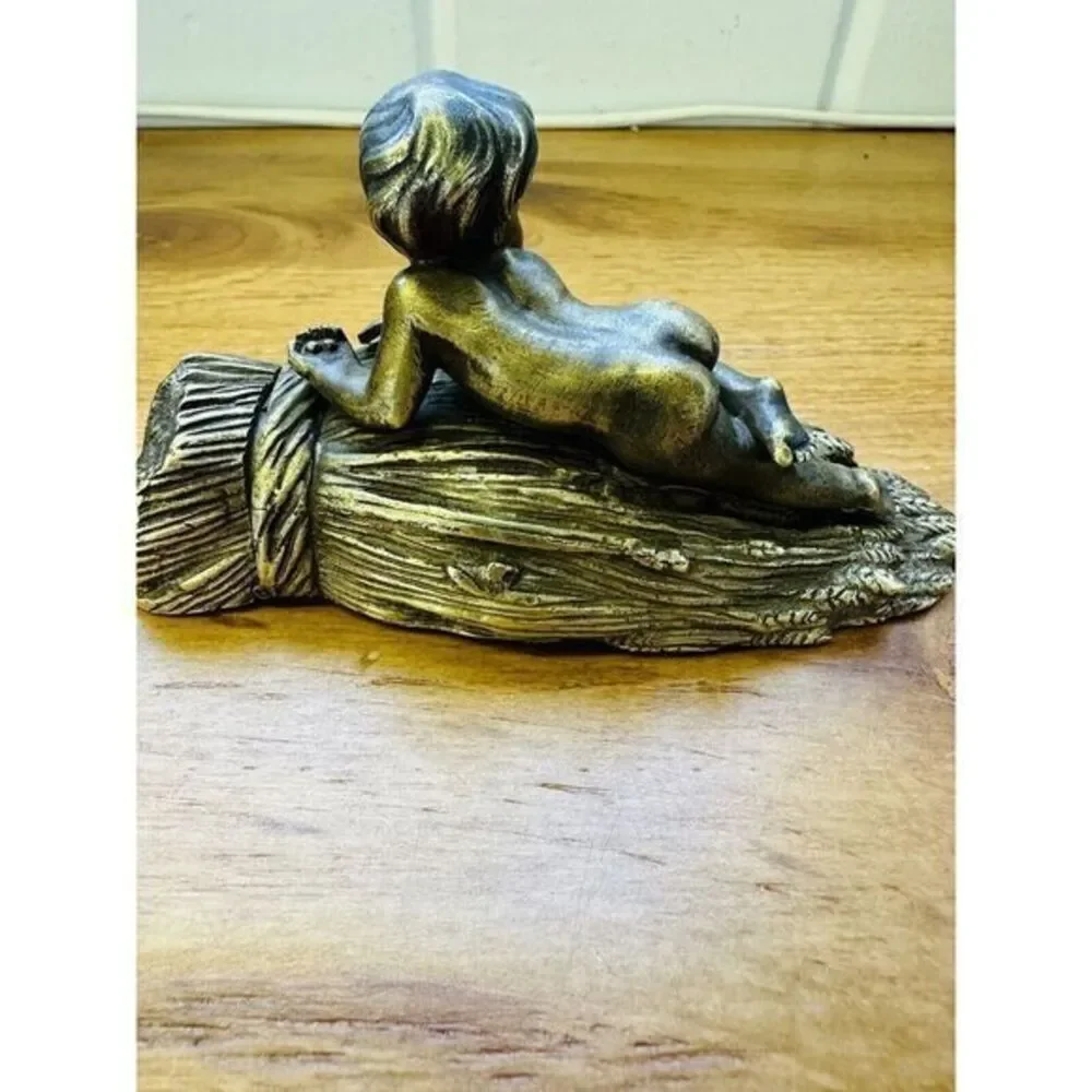 French Bronze and Gilt Metal Box Child & Bird On Wheat Bundle‎ Vintage